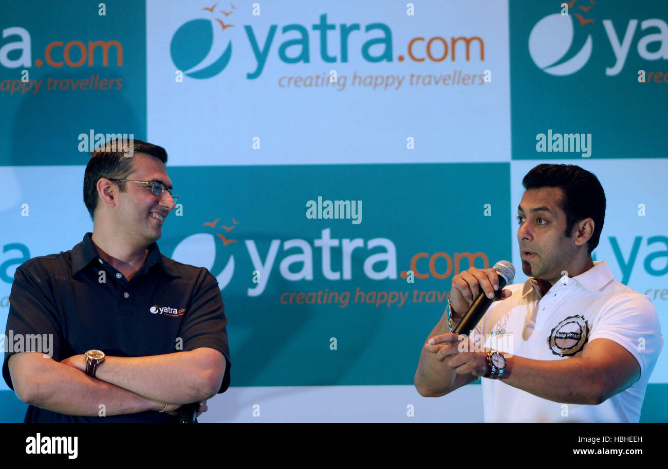 Salman Khan Indian actor with Dhruv Shringi CEO of Yatra.com at a function to announce brand ambassador shareholder Bombay Mumbai Maharashtra India Asia Stock Photo