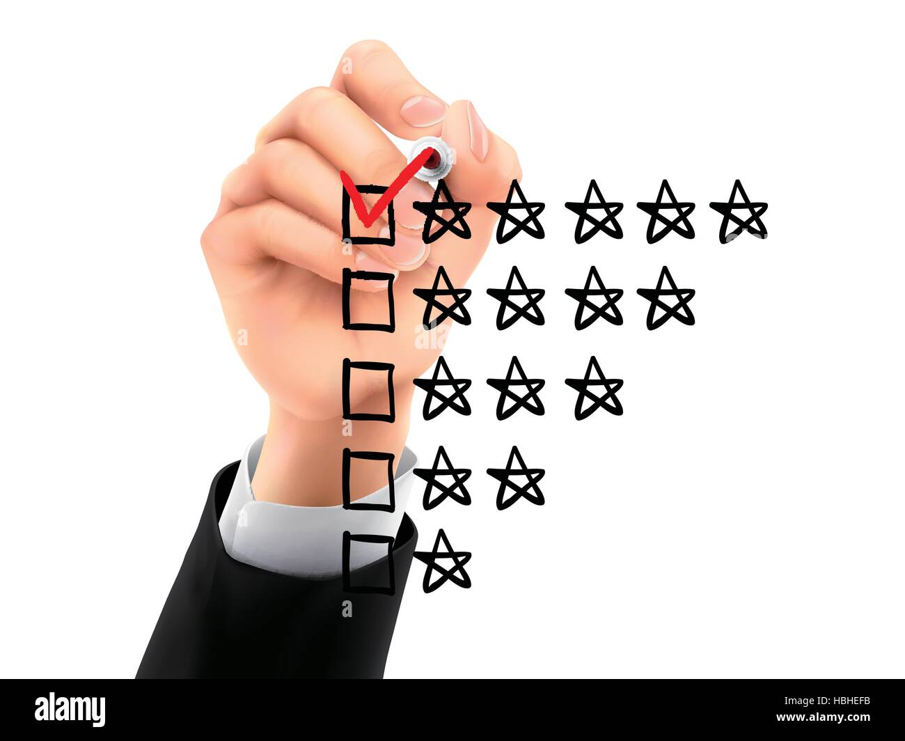 voting five stars by hand on a transparent board Stock Vector