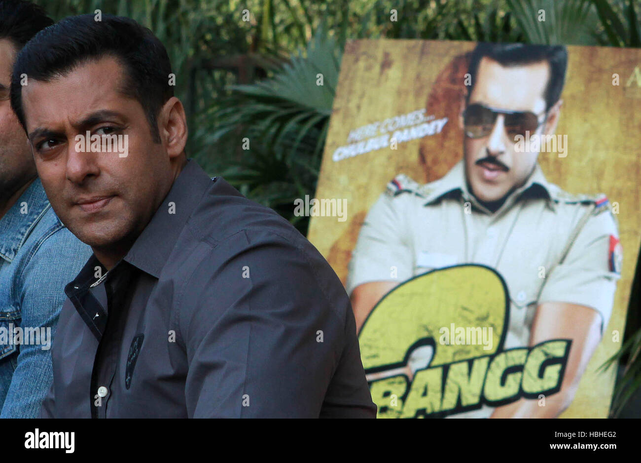 Bollywood actor Salman Khan speaks to the press on his forthcoming film Dabangg 2 in New Delhi, India on December 18, 2012. Stock Photo