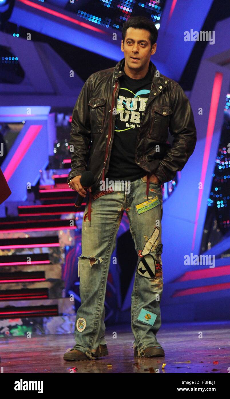 Bollywood actor Salman Khan on the sets of Nach Baliye 6 to promote their upcoming film Jai Ho in Mumbai, India Stock Photo
