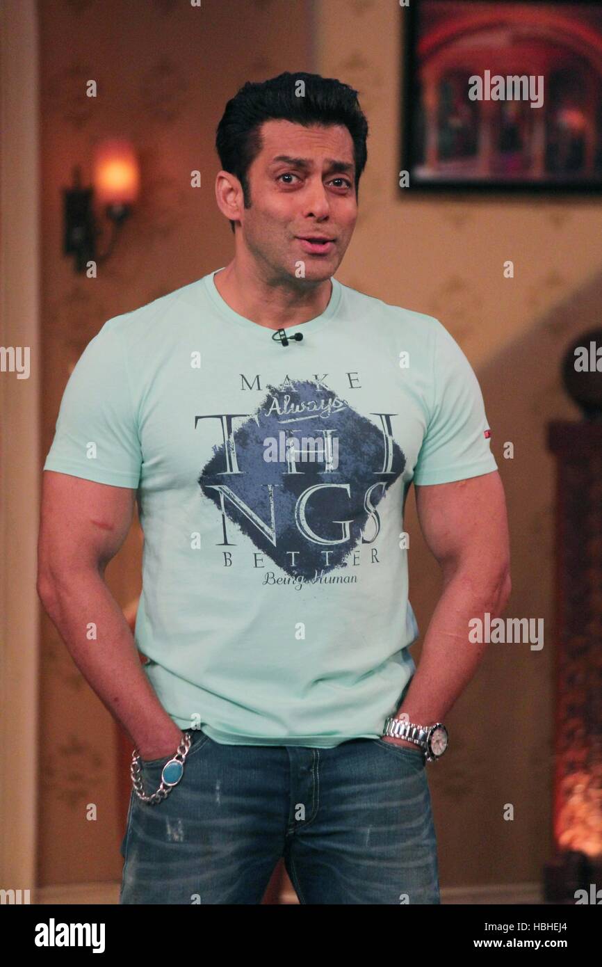 Salman Khan, Indian Bollywood film actor on the sets of Comedy Nights with Kapil to promote his upcoming film Jai Ho in Mumbai India Stock Photo