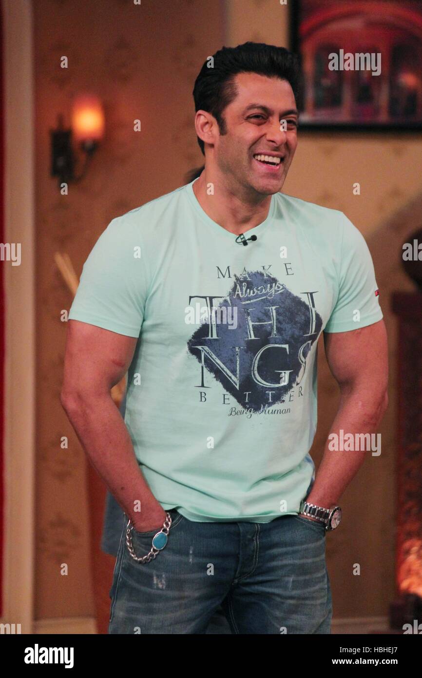 Bollywood actor Salman Khan on the sets of Comedy Nights with Kapil to promote his upcoming film Jai Ho in Mumbai India Stock Photo