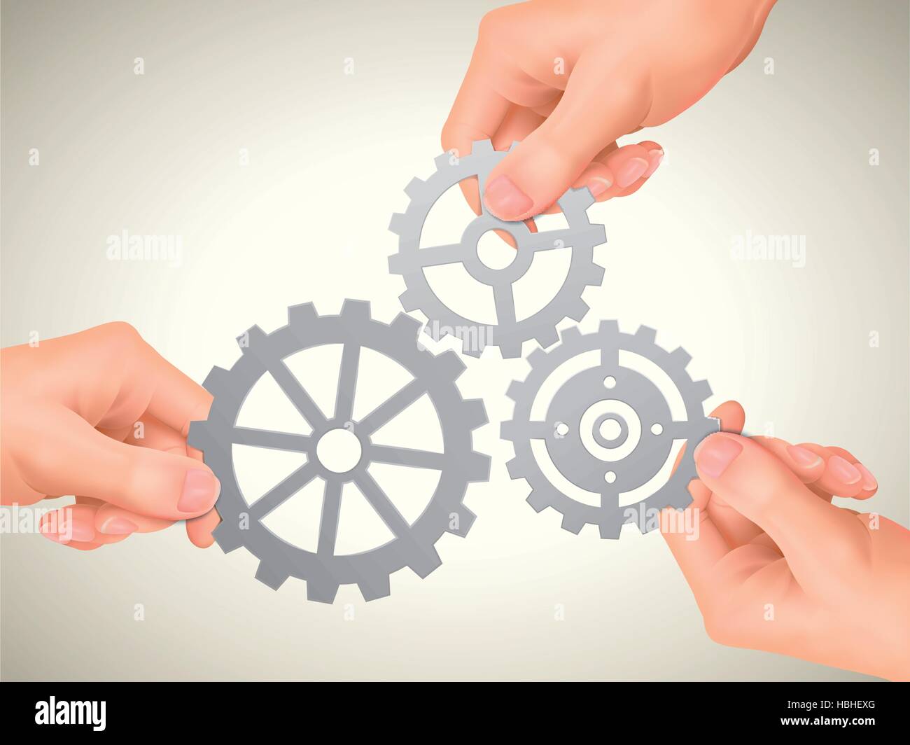 cooperation concept: hands holding gears over beige background Stock Vector