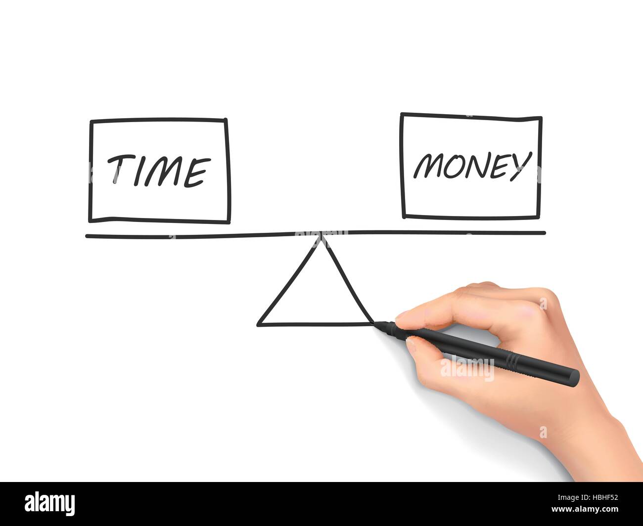 balance between time and money drawn by human hand over white ...