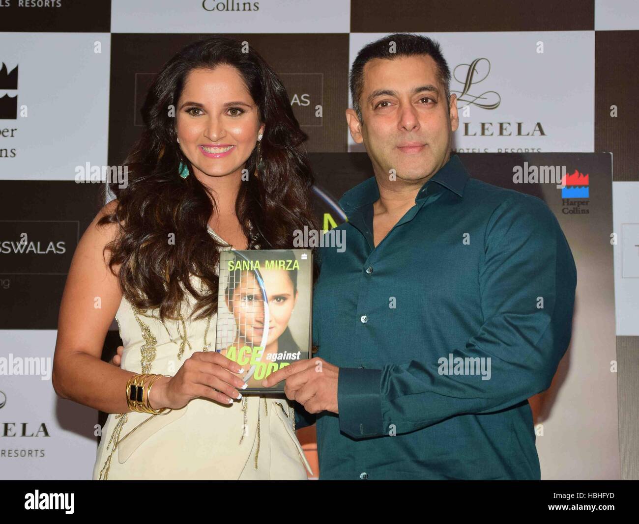 Sania Mirza, Indian professional tennis player, with Salman Khan, Indian actor, at release of autobiography ‘Ace Against Odds' in Bombay, Mumbai, Maharashtra, India, Asia Stock Photo
