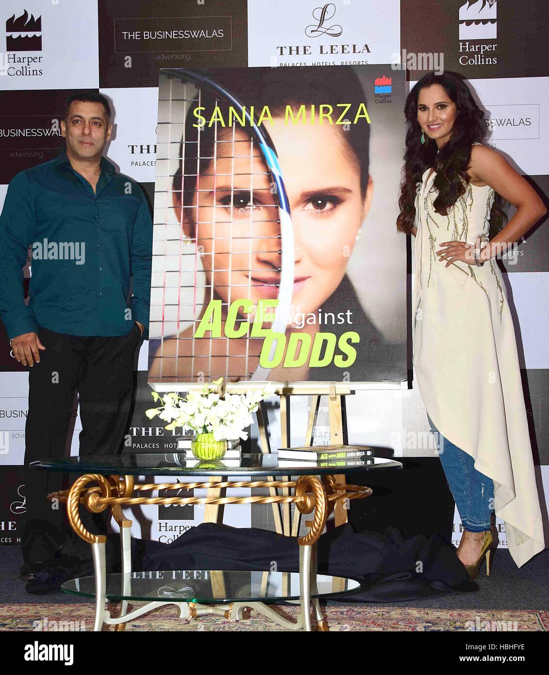 Sania Mirza, Indian professional tennis player, with Salman Khan, Indian actor, at release of autobiography ‘Ace Against Odds' in Bombay, Mumbai, Maharashtra, India, Asia Stock Photo