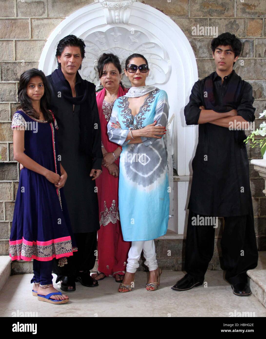 Bollywood actor Shah Rukh Khan Suhana Shehnaz Gauri Aryan pose for photo on occasion of Eid al-Fitr at his residence in Mumbai India Stock Photo