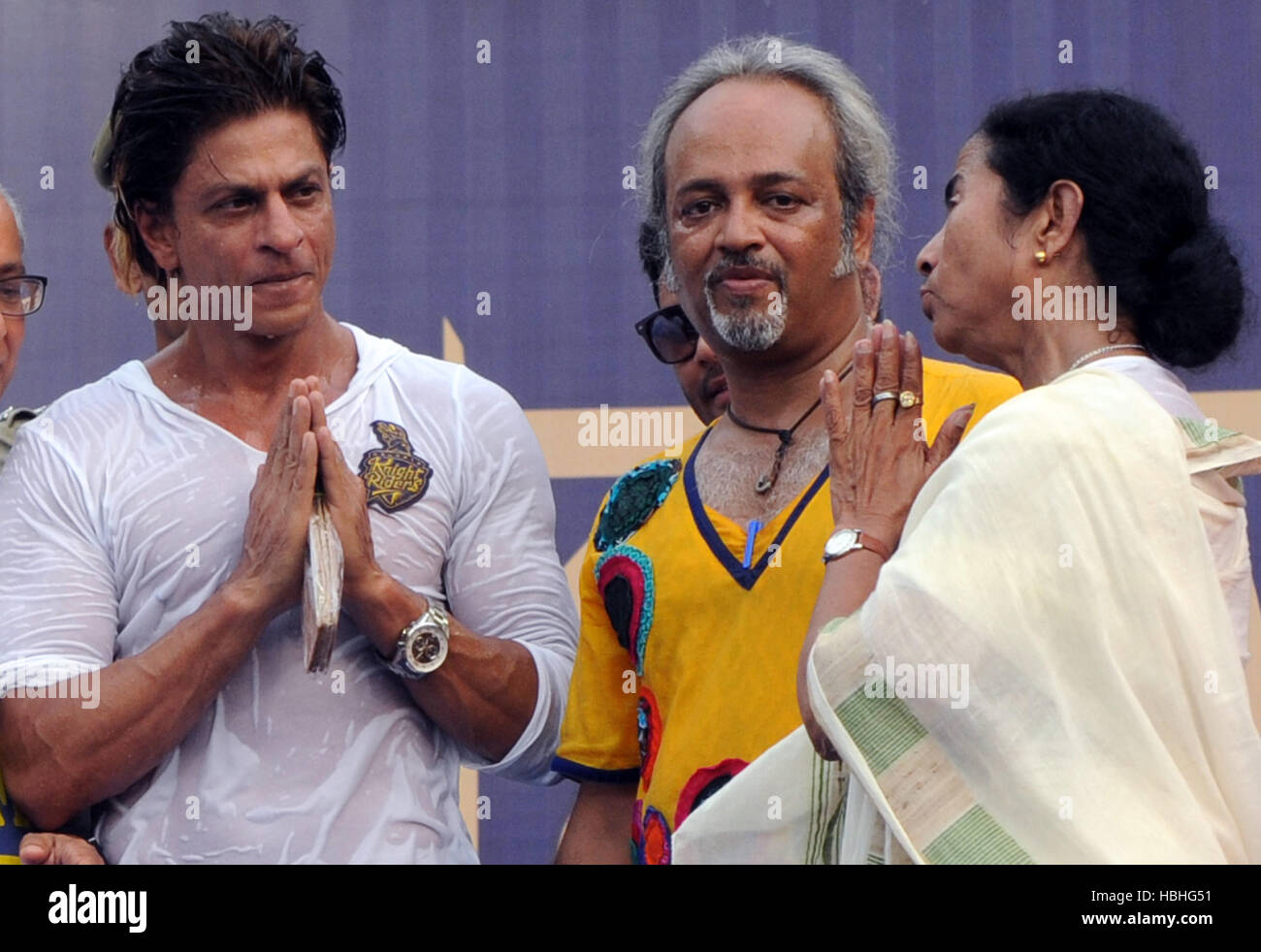Mamata Banerjee greeting Shah Rukh Khan owner of Kolkata Knight Riders team after winning the trophy Calcutta Kolkata India Stock Photo
