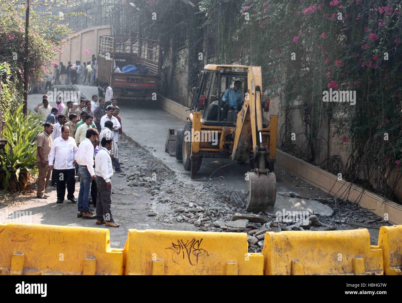 BMC Bombay Municipal Corporation breaking the ramp outside Bollywood actor Shah Rukh Khan bungalow Mannat in Bandra Mumbai, India Stock Photo