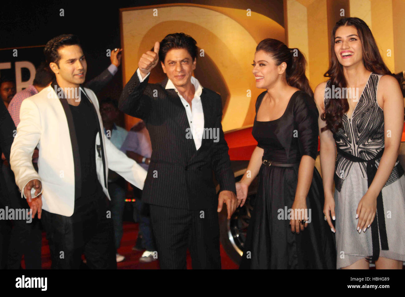 Varun Dhawan, Shah Rukh Khan, Kajol and Kriti Sanon at launch of film Dilwale trailer in Mumbai India Stock Photo
