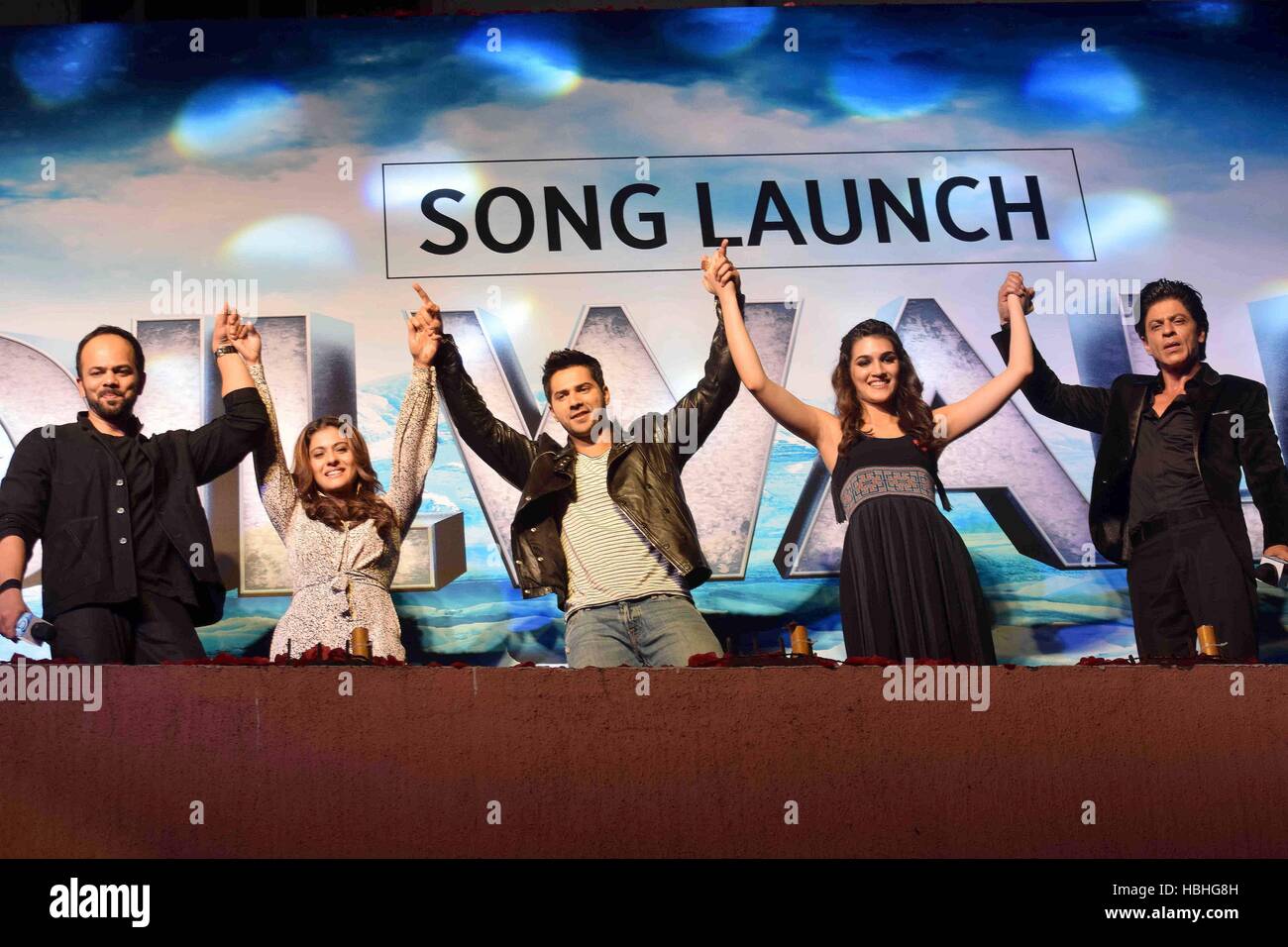 Rohit Shetty, Kajol, Varun Dhawan, Kriti Sanon, Shah Rukh Khan at song launch of film Dilwale in Mumbai India Stock Photo