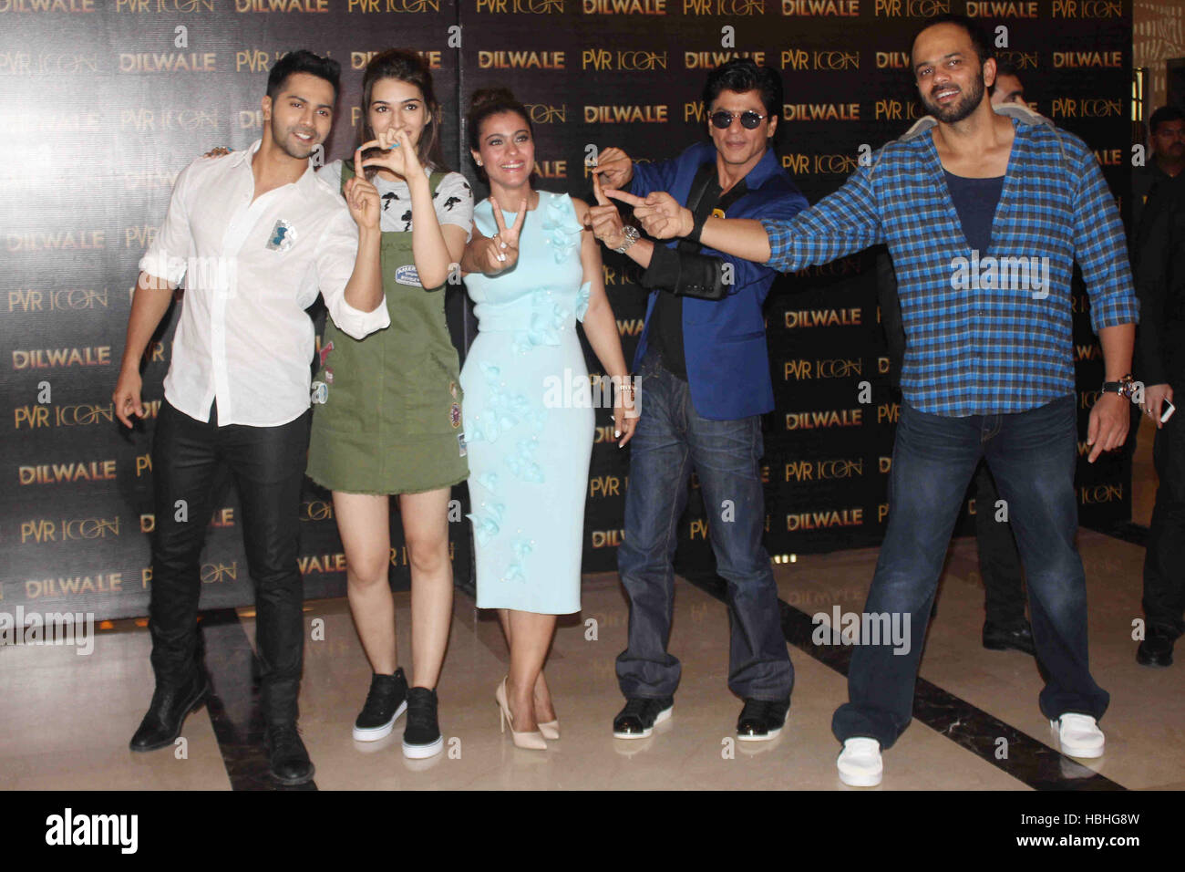 Varun Dhawan, Kriti Sanon, Kajol, Shah Rukh Khan, Rohit Shetty, at launch film Dilwale song Mumbai India Stock Photo
