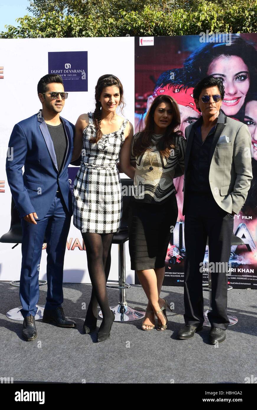 Bollywood actors Varun Dhawan, Kirti Sanon, Kajol and Shah Rukh Khan at the promotion of film Dilwale in New Delhi India Stock Photo