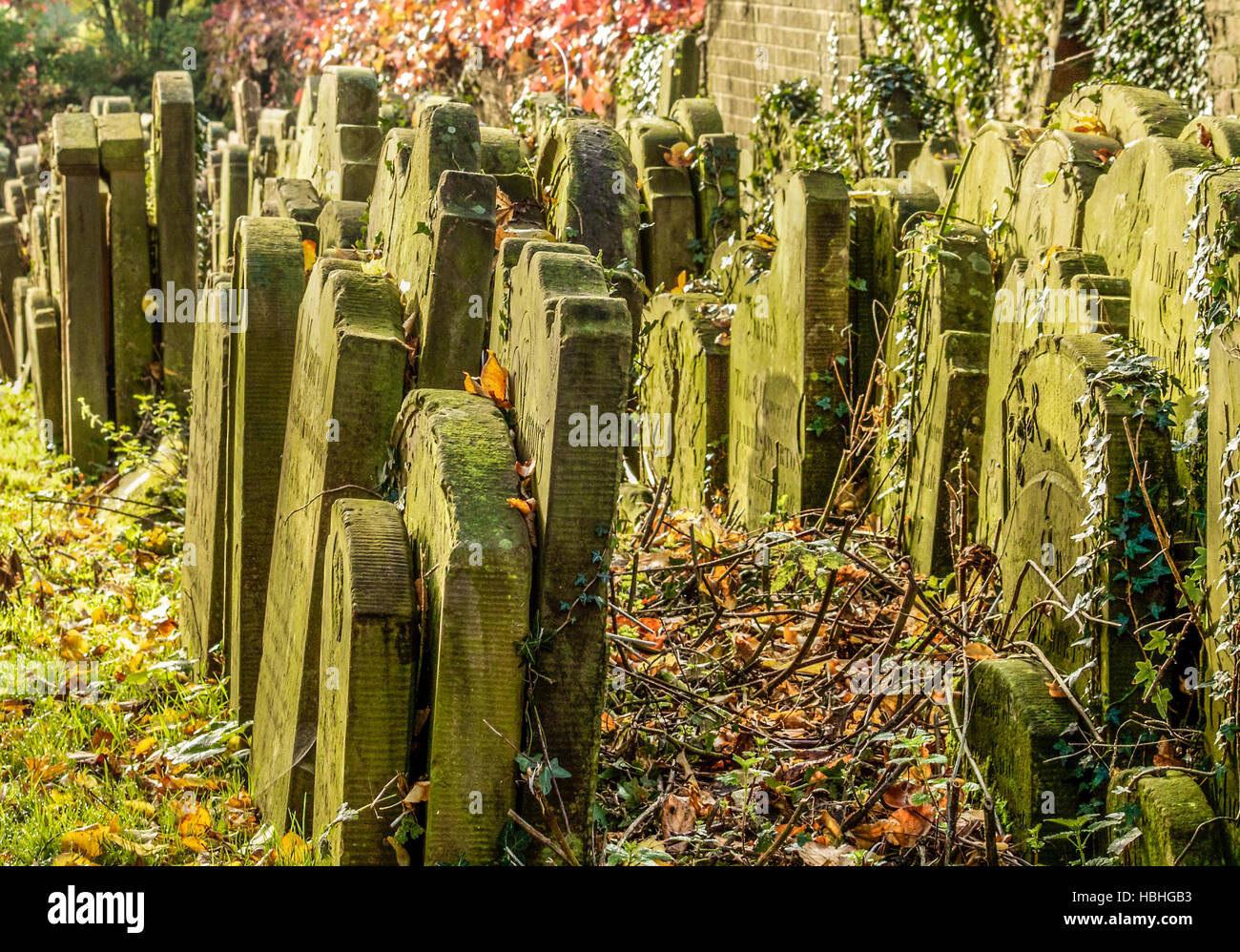 old abandoned grave stones in sunlight Stock Photo