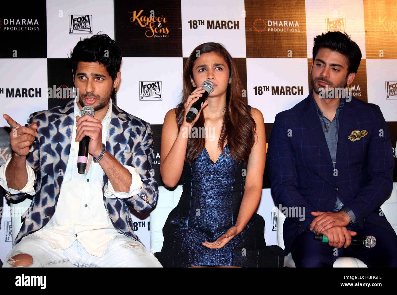 Alia Bhatt Indian Bollywood actress with actors Sidharth Malhotra and Fawad Khan at launch of film Kapoor Sons in Mumbai India Stock Photo Alamy