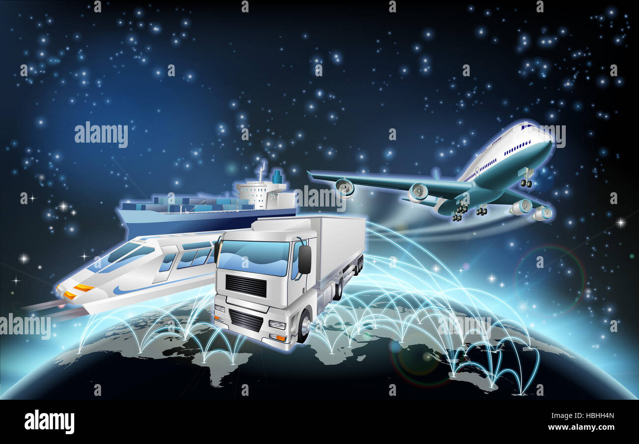 World globe flight paths transport logistics background concept with plane, truck and train Stock Photo