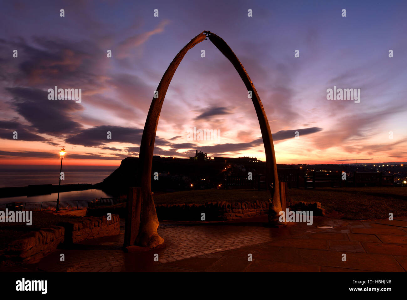 A general view over Whitby, North Yorkshire, at sunrise. Stock Photo