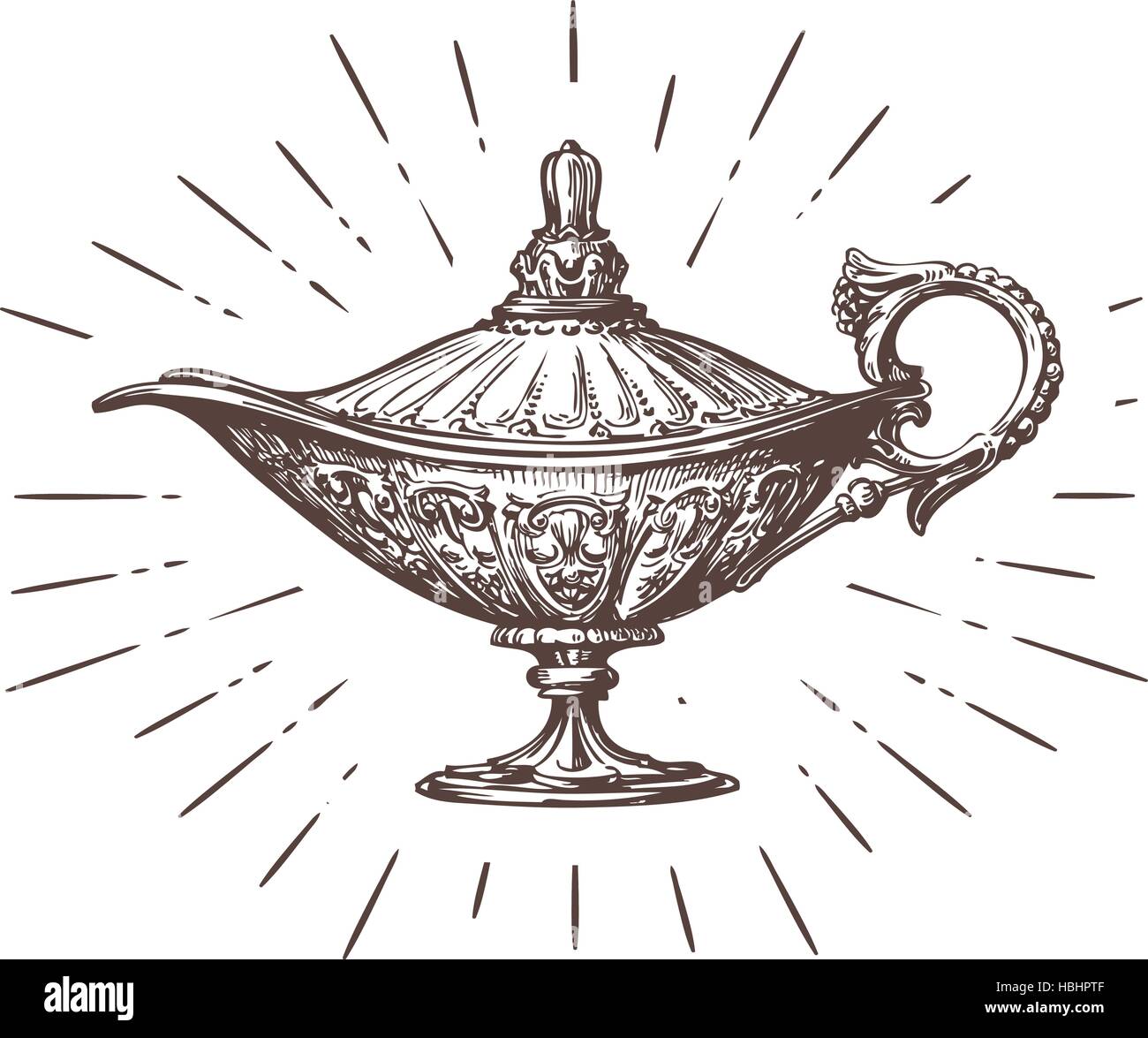 Aladdin magic or genie lamp. Vintage sketch vector illustration Stock Vector