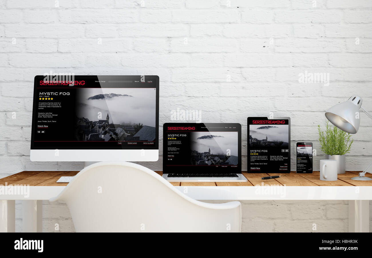 Web Series Computer multidevice desktop with web series streaming on screens. 3d rendering ...