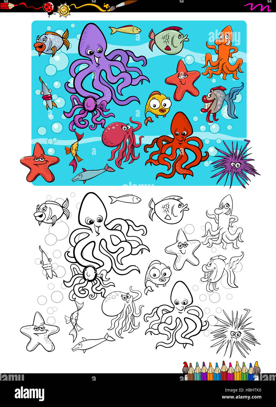 sea life group coloring page Stock Photo - Alamy