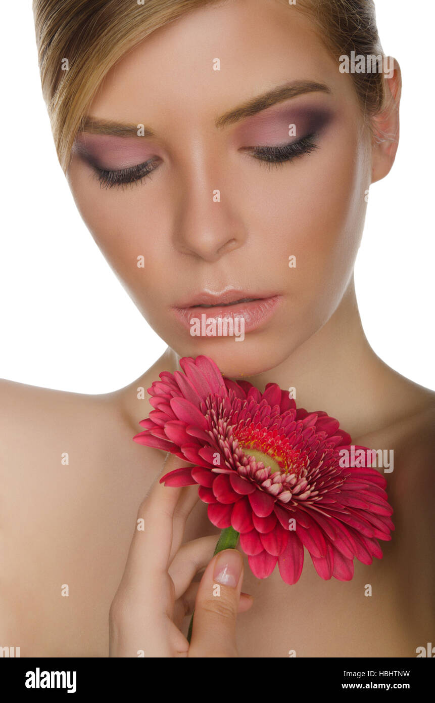 portrait of young woman with chrysanthemum Stock Photo Alamy