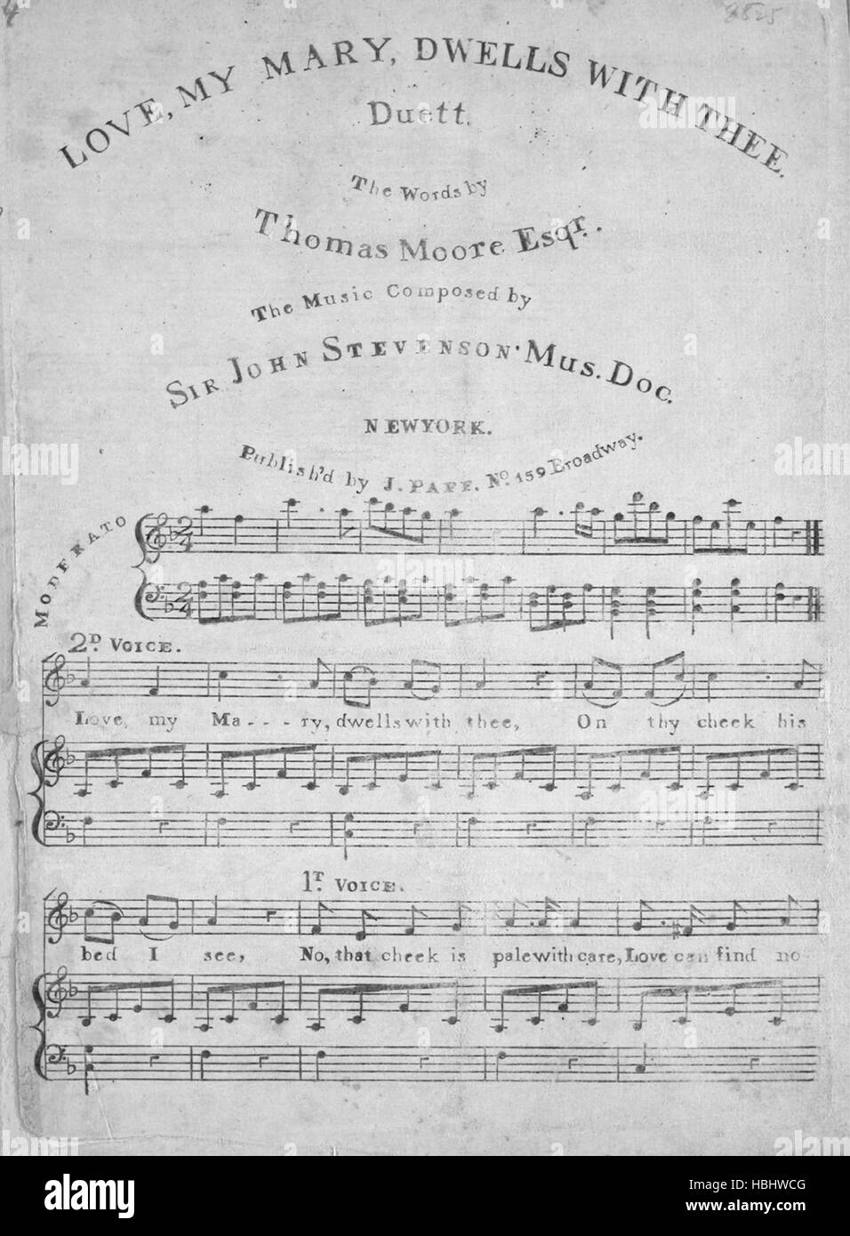 Sheet music cover image of the song 'Love, My Mary, Dwells With Thee A Duett', with original authorship notes reading 'The Words by Thomas Moore, Esqr The Music Composed by Sir John Stevenson, Mus Doc', United States, 1900. The publisher is listed as 'J. Paff, No. 159 Broadway', the form of composition is 'strophic with chorus', the instrumentation is 'piano and voice', the first line reads 'Love my Mary, dwells with thee, on thy cheek his bed I see', and the illustration artist is listed as 'None'. Stock Photo