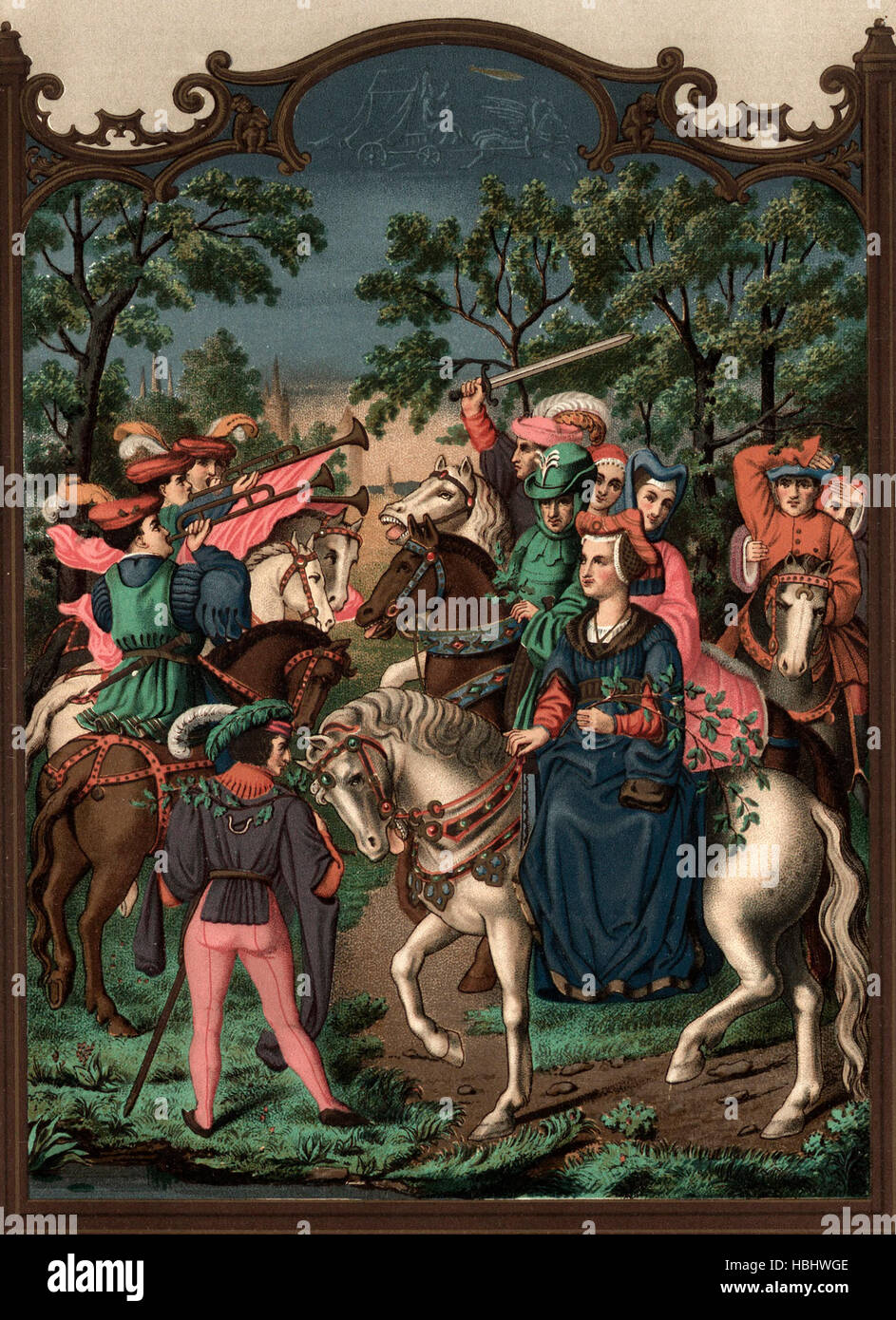 Chateau Life starting for the Promenade - The hostess is seen at the head of the cortege, riding a hackney, with a page in immediate attendance. To the right is the host dressed in green, the cavalcade being preceded by trumpets - Middle Age scene Stock Photo