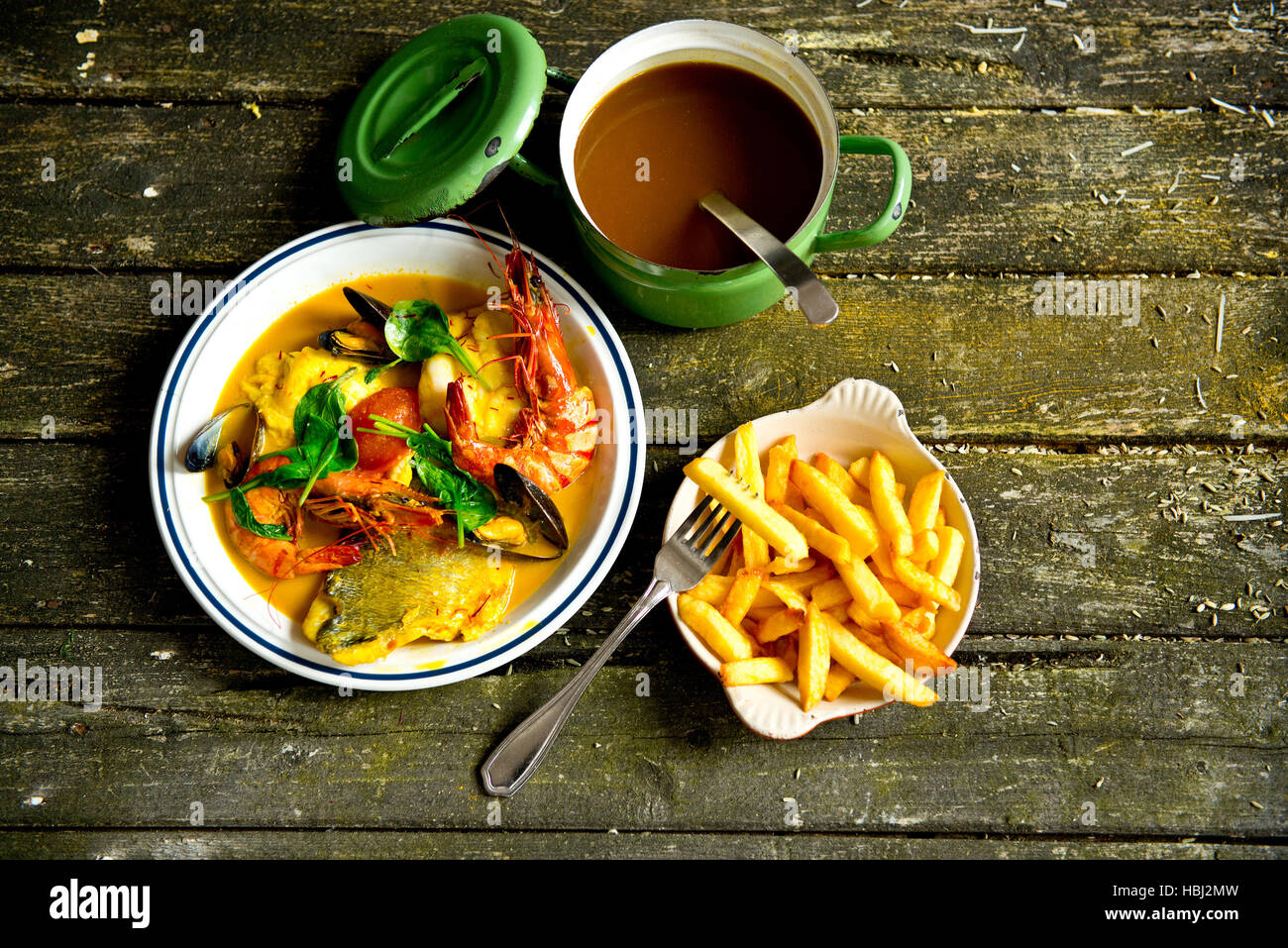 french fries and fishsoup Stock Photo