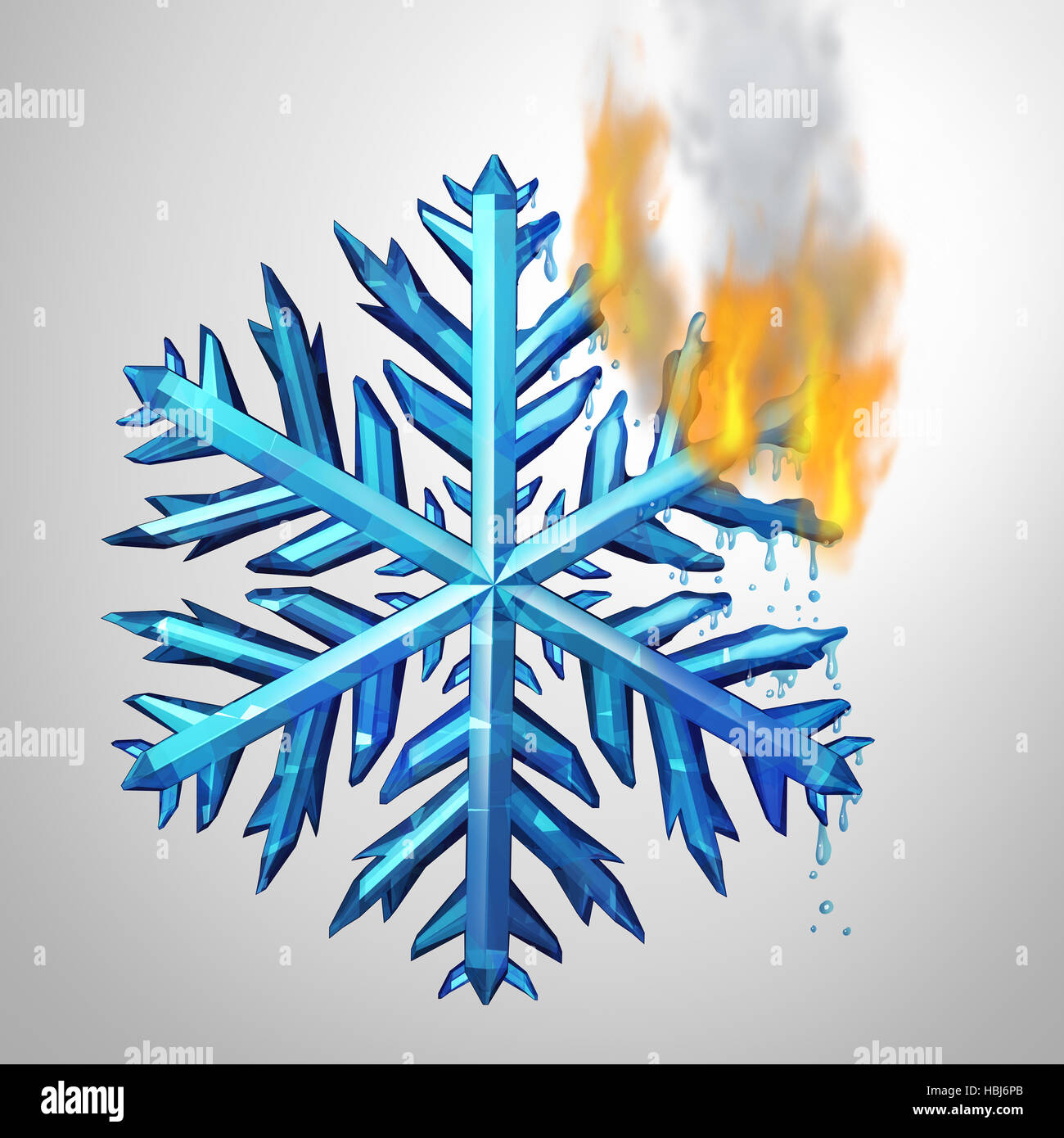 Changing climate concept as a frozen ice crystal snowflake melting and burning in flames as an environmental metaphor for changing weather temerature Stock Photo