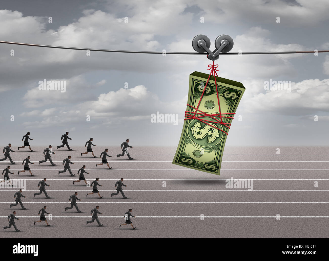 Chasing money concept and follow the profit symbol as a group of men and women running after a stack of currency as a financial incentive  or business Stock Photo