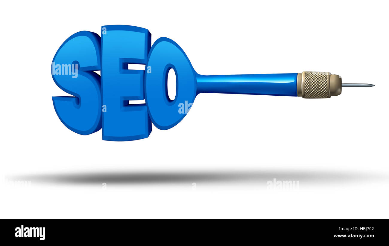 SEO marketing concept as a dart shaped as letters as a symbol for search engine optimization as an internet technology metaphor for hitting the target Stock Photo