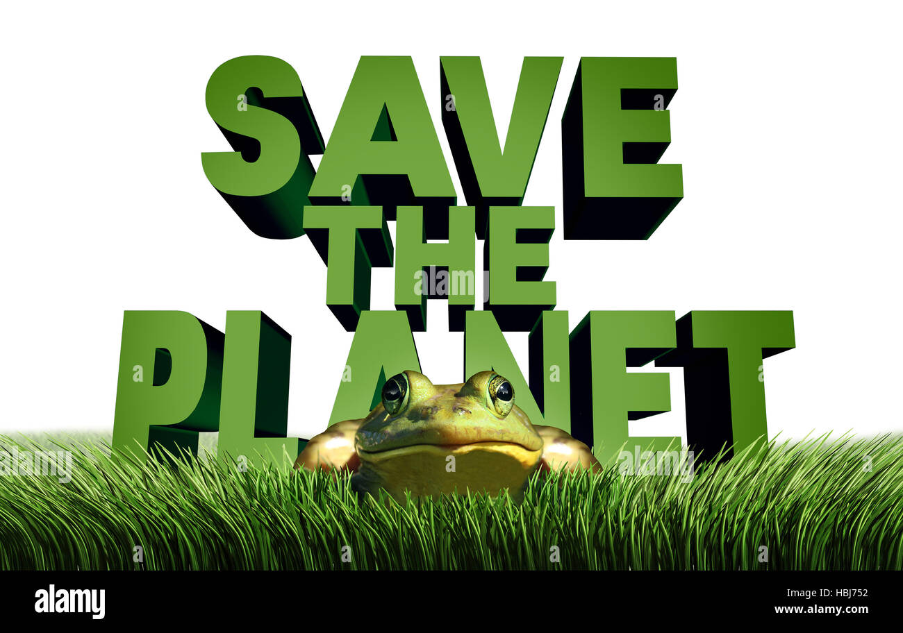 Save the planet ecology protection and environmental message as text with a gree eco friendly frog in danger as a nature security metaphor with 3D ill Stock Photo