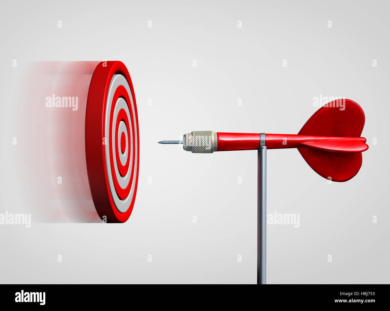 Attract success and business law of attraction strategy as a bulls eye target flying and gravitating towards a  static dart as a metaphor for bringing Stock Photo