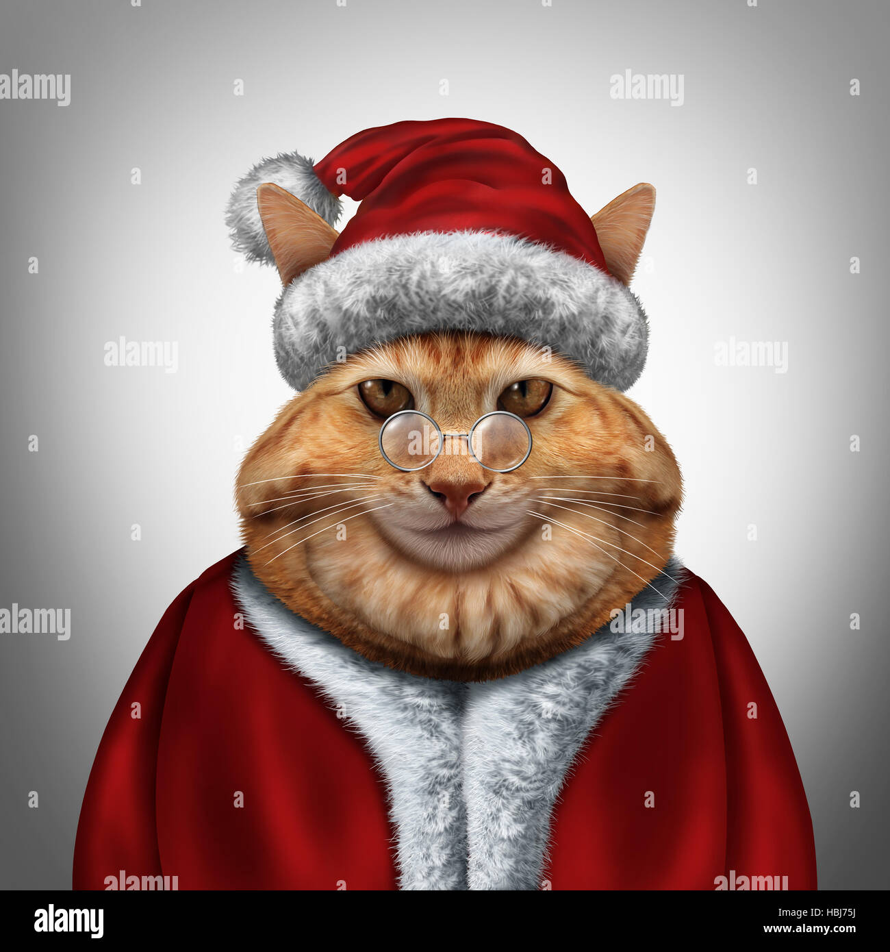 Christmas cat wearing a red santa claus xmas costume as a festive winter celebration feline pet with 3D illustration elements. Stock Photo