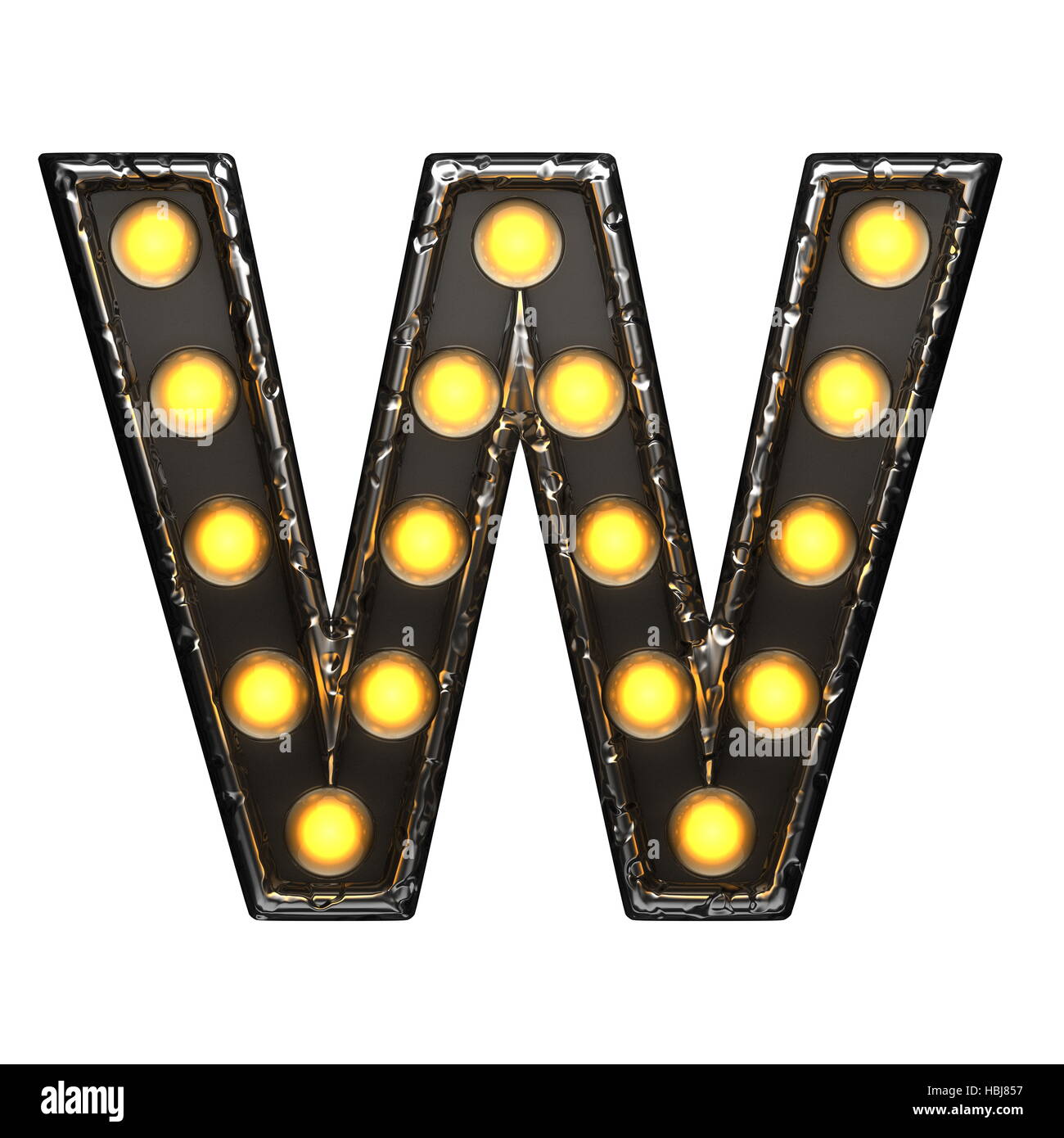 w metal letter with lights. 3D illustration Stock Photo