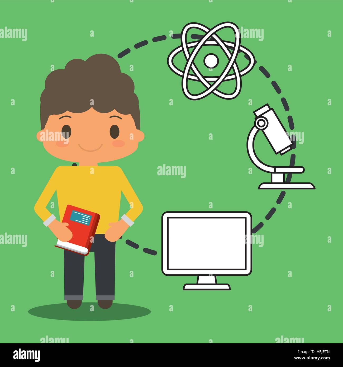 cartoon school boy book pc atom laboratory green background vector illustration eps 10 Stock Vector