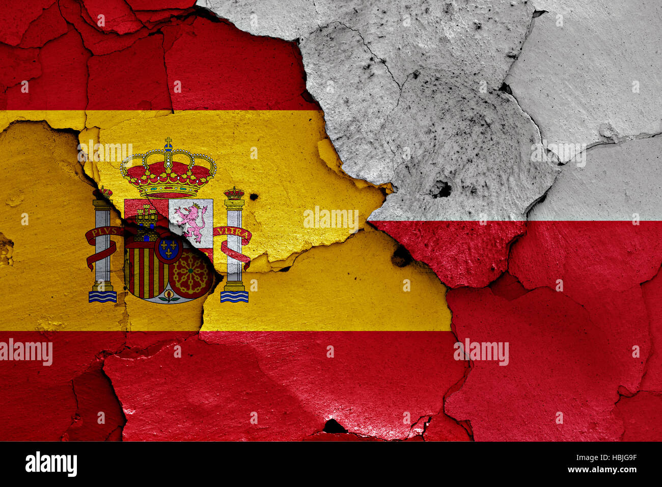flags of Spain and Poland painted on cracked wall Stock Photo - Alamy