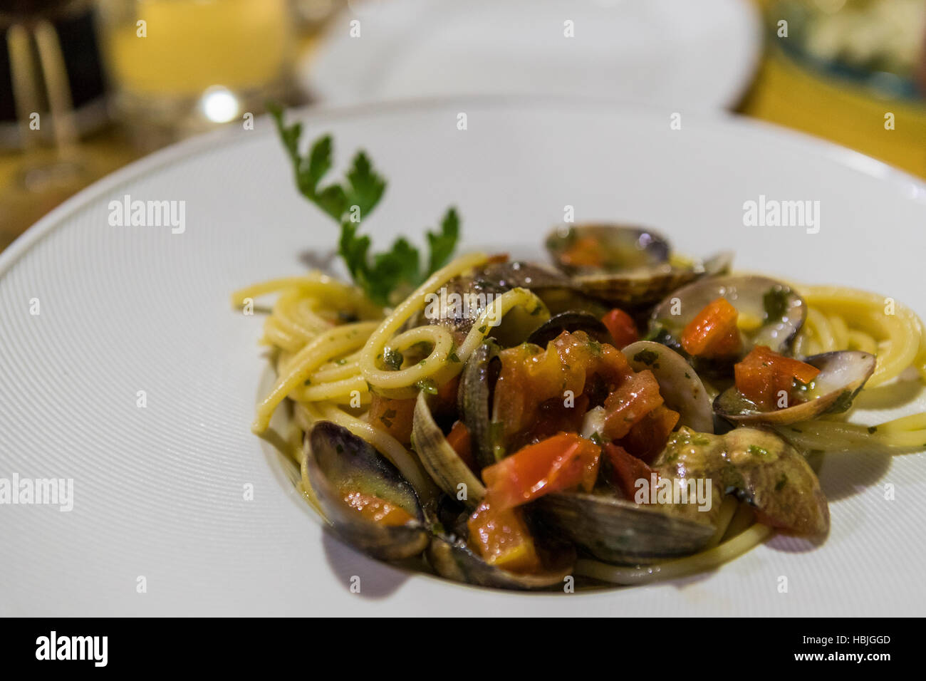 Spaghetti with clams, Restaurant Da MaMo, Bagni di Lucca Stock Photo