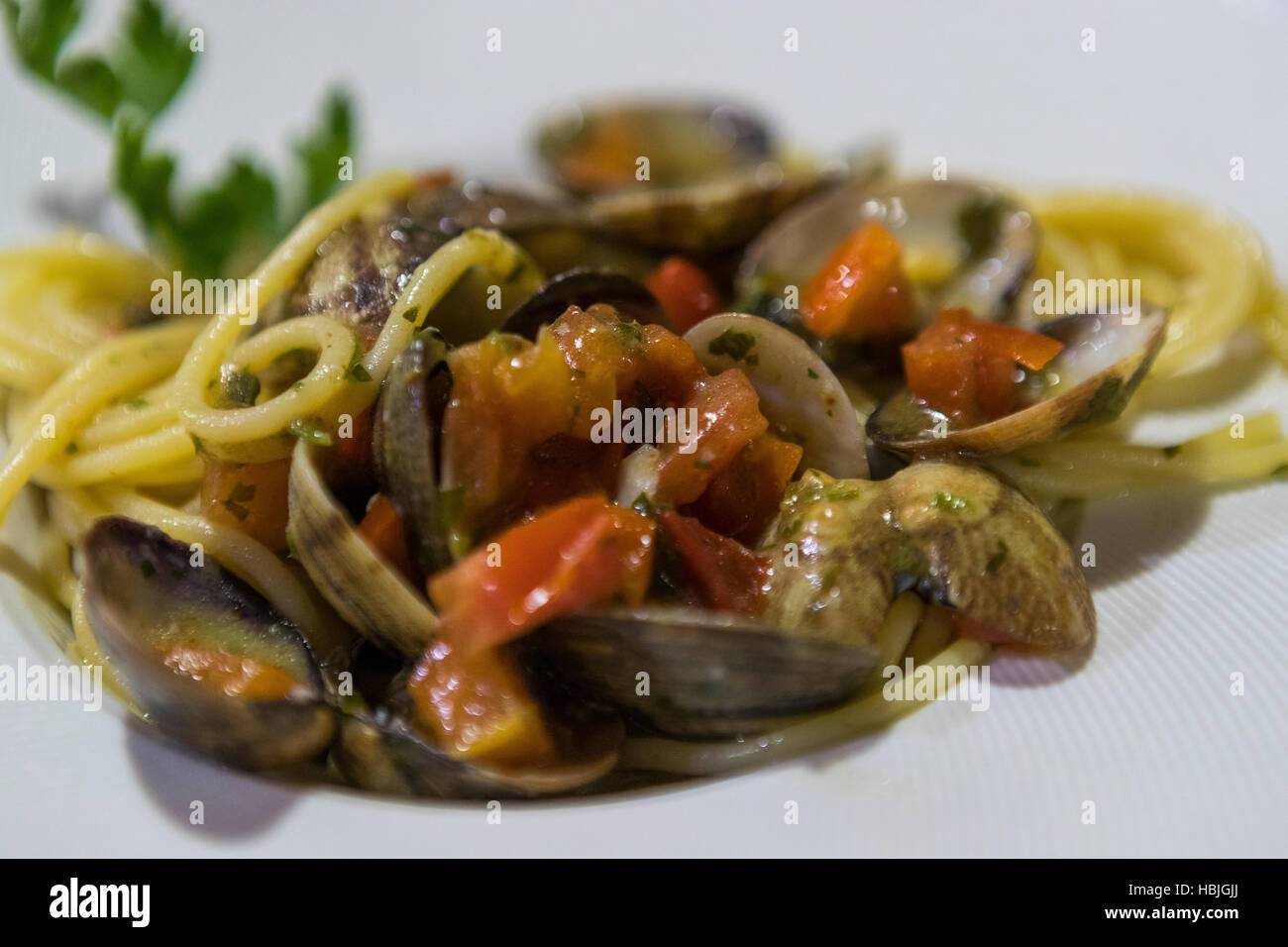 Spaghetti with clams, Restaurant Da MaMo, Bagni di Lucca Stock Photo