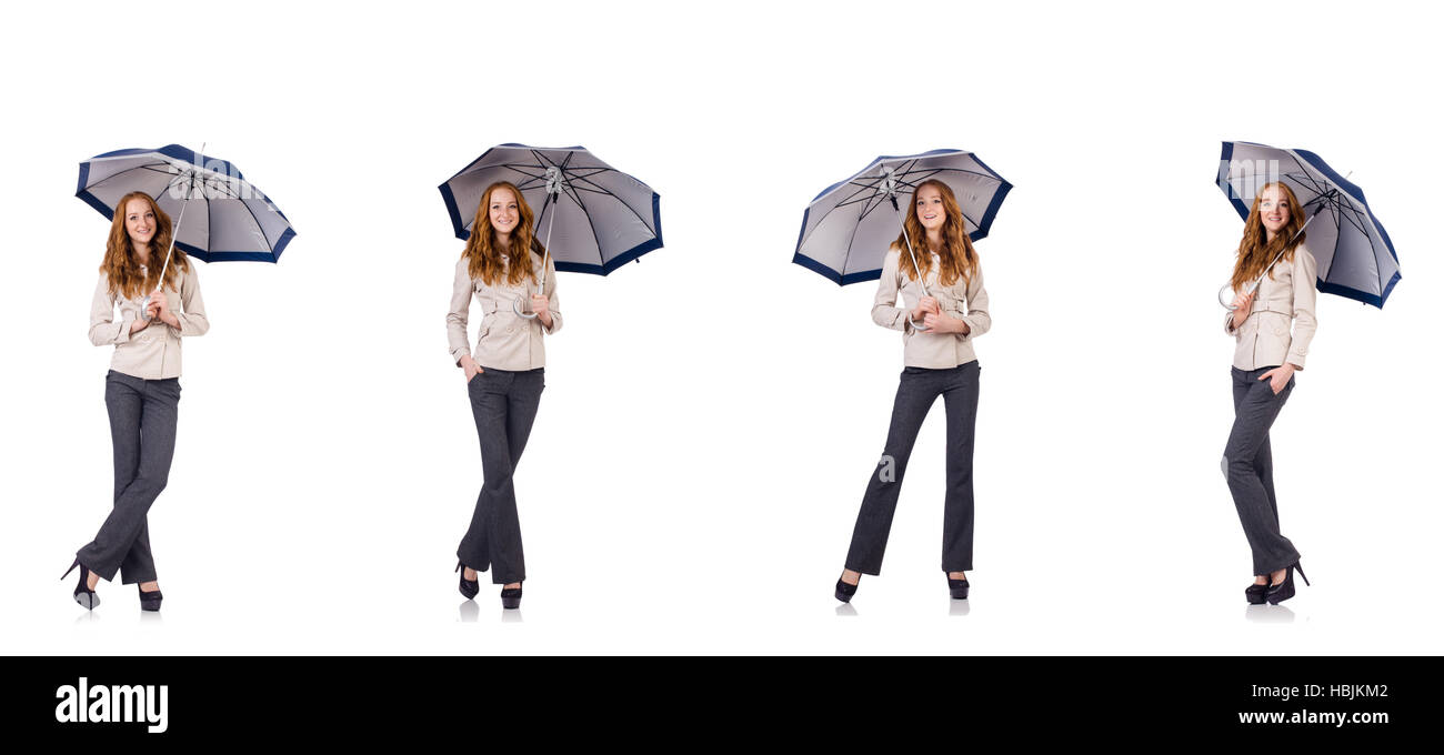 Young woman with umbrella isolated on white Stock Photo - Alamy
