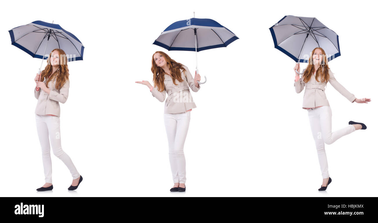 Young woman with umbrella on white Stock Photo - Alamy