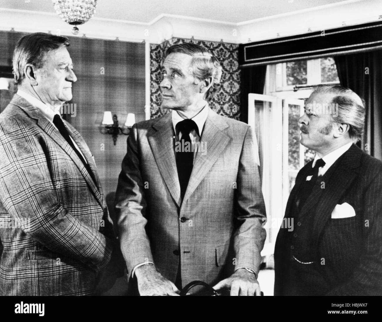 BRANNIGAN, from left, John Wayne, Mel Ferrer, Richard Attenborough ...