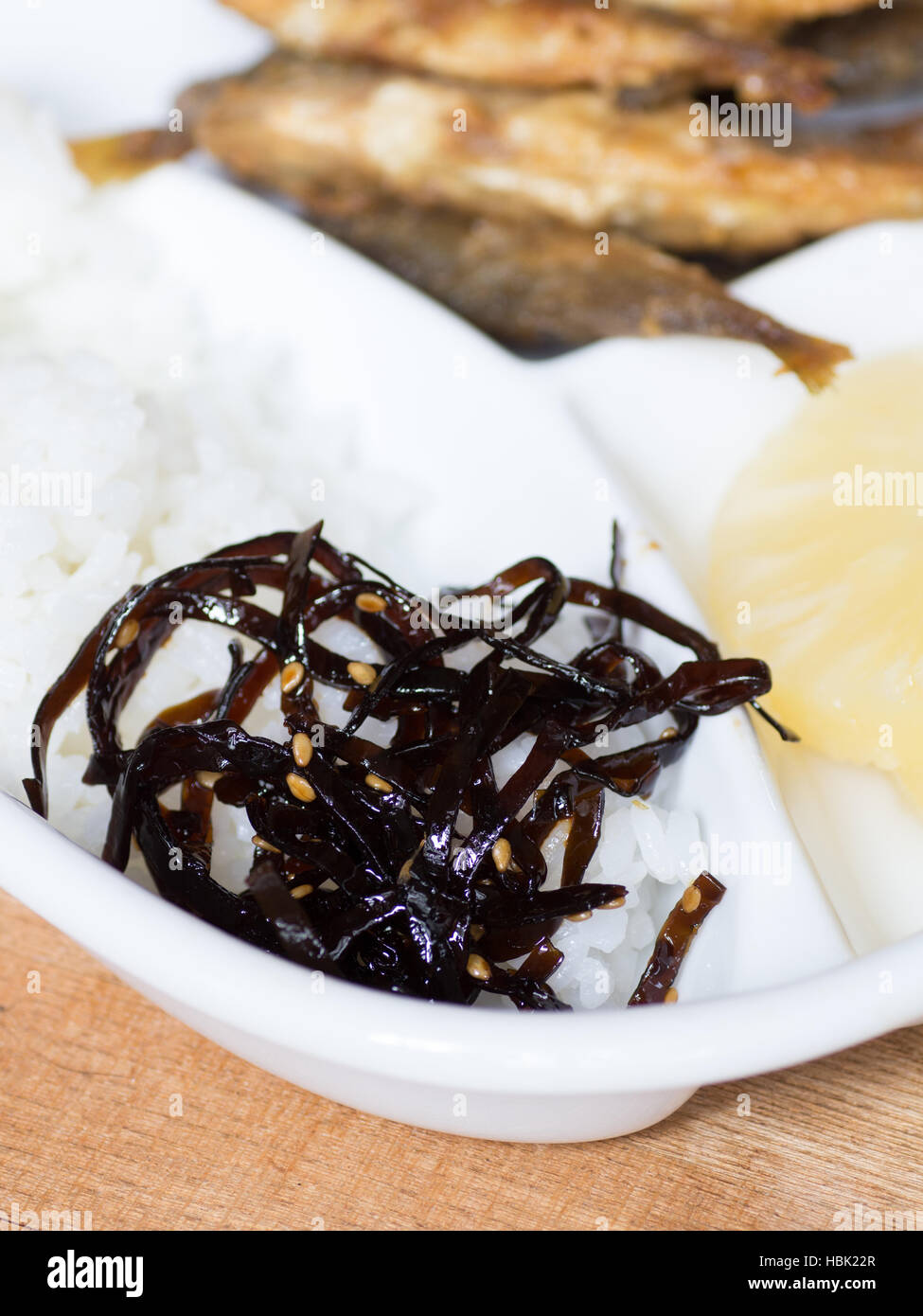 Japanese cuisine, coocked seaweeds called Kombu No Tsukudani on the dish Stock Photo