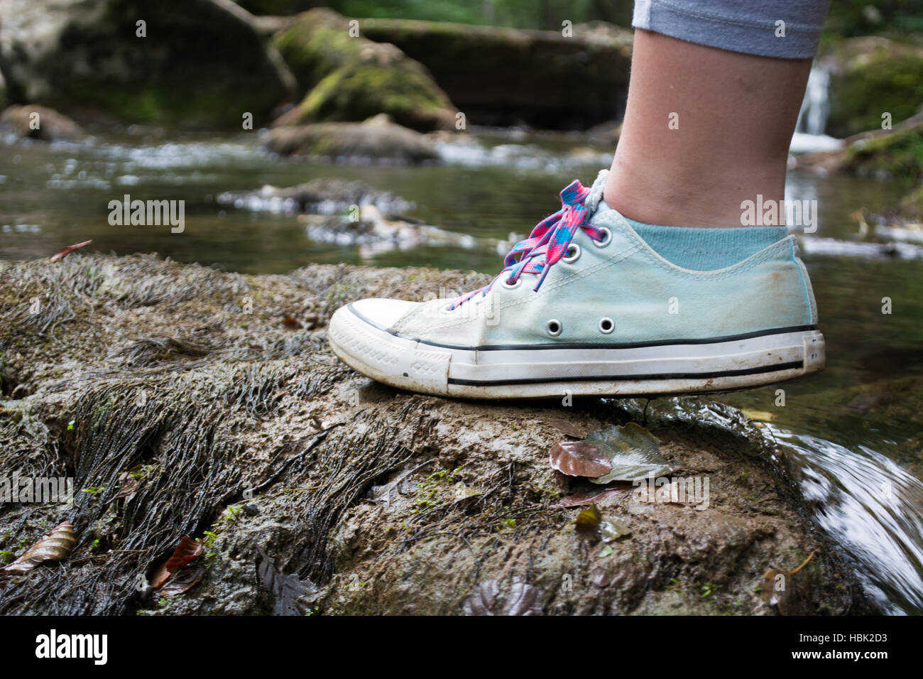 Girls foot stepping on a mossy rock Stock Photo
