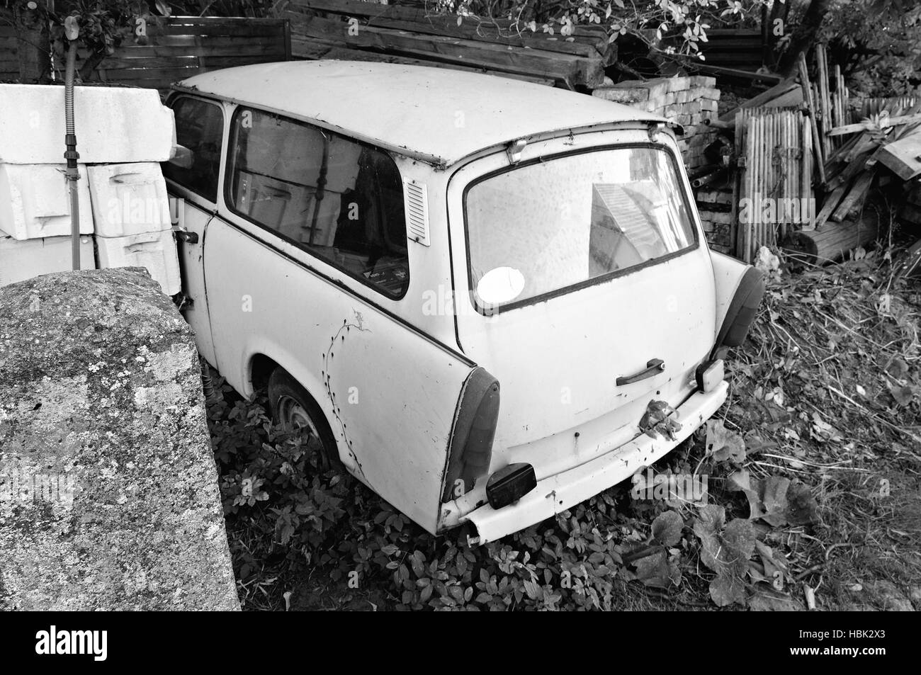 sad end of a Trabant black-white Stock Photo