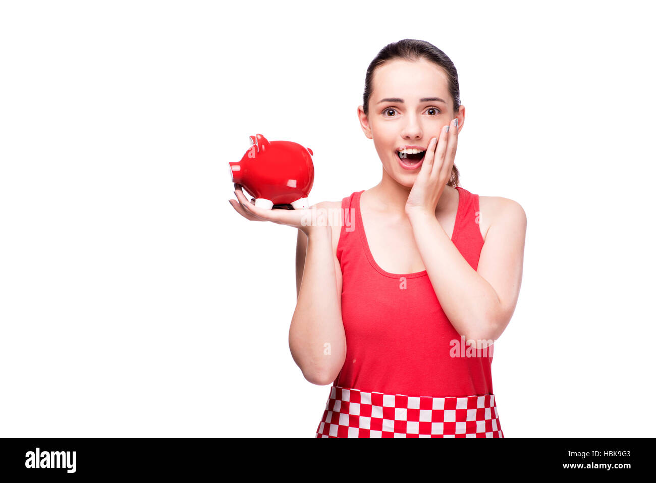 Woman with piggy bank isolated on white Stock Photo - Alamy