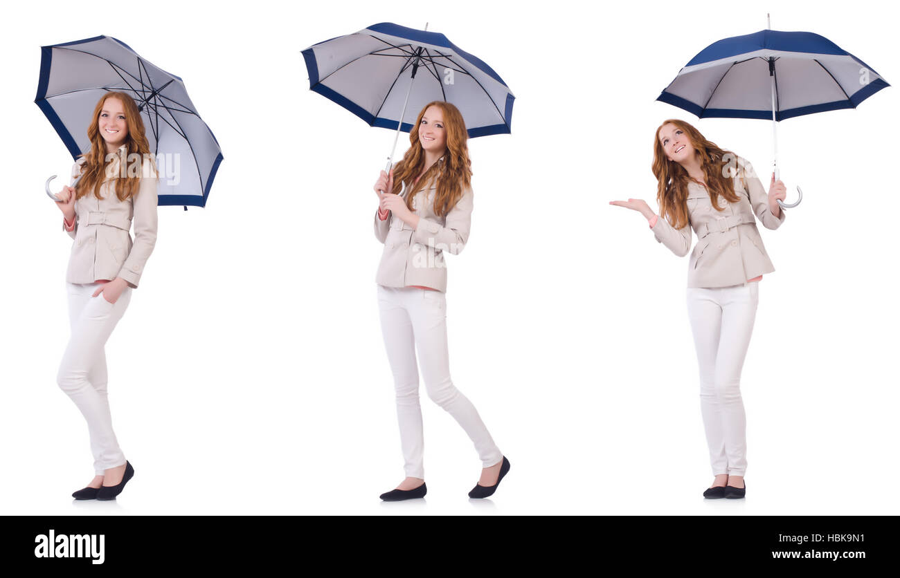 Young woman with umbrella on white Stock Photo - Alamy