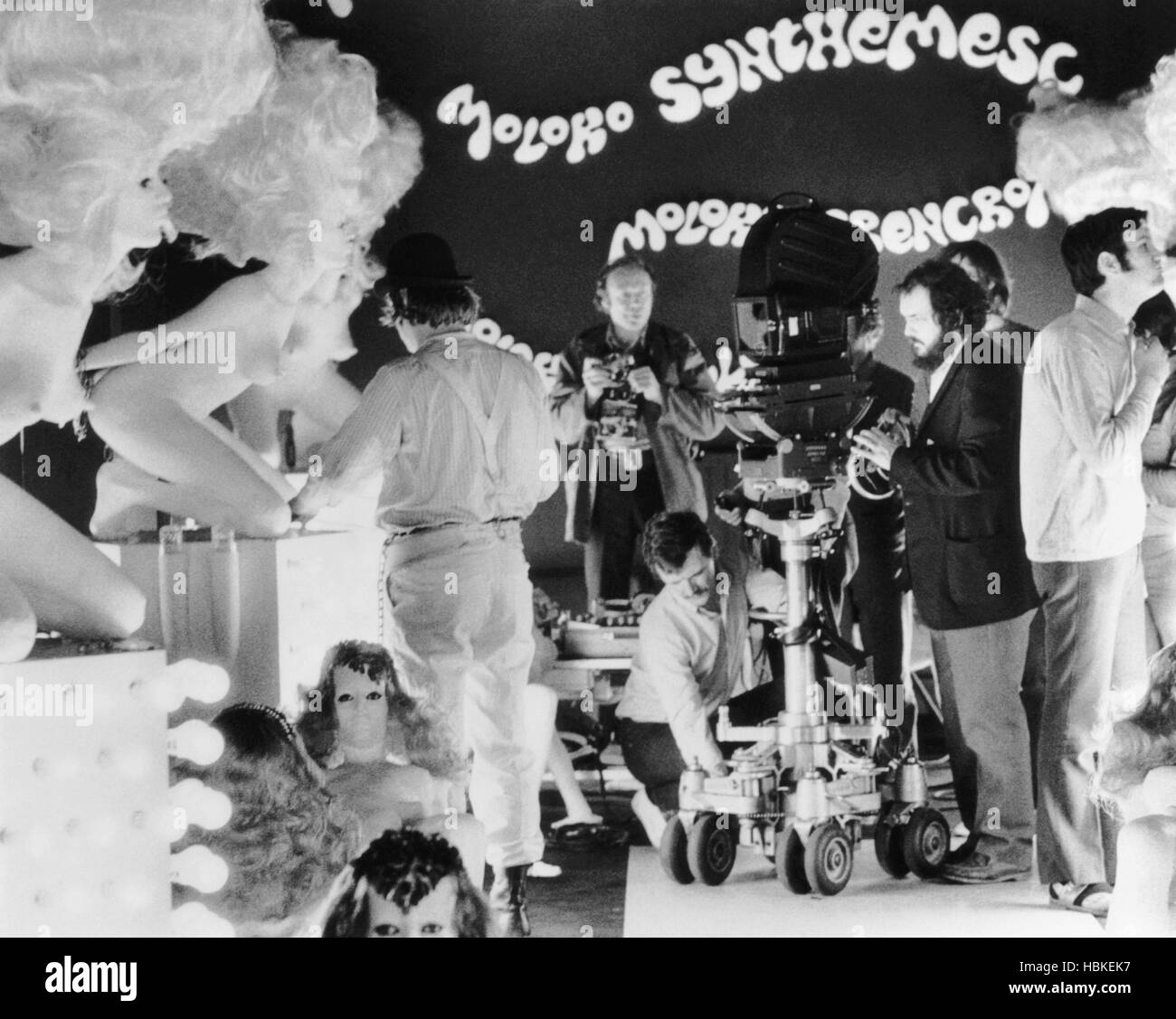 A CLOCKWORK ORANGE, Malcolm McDowell, (back to camera), director Stanley Kubrick, (in beard), on