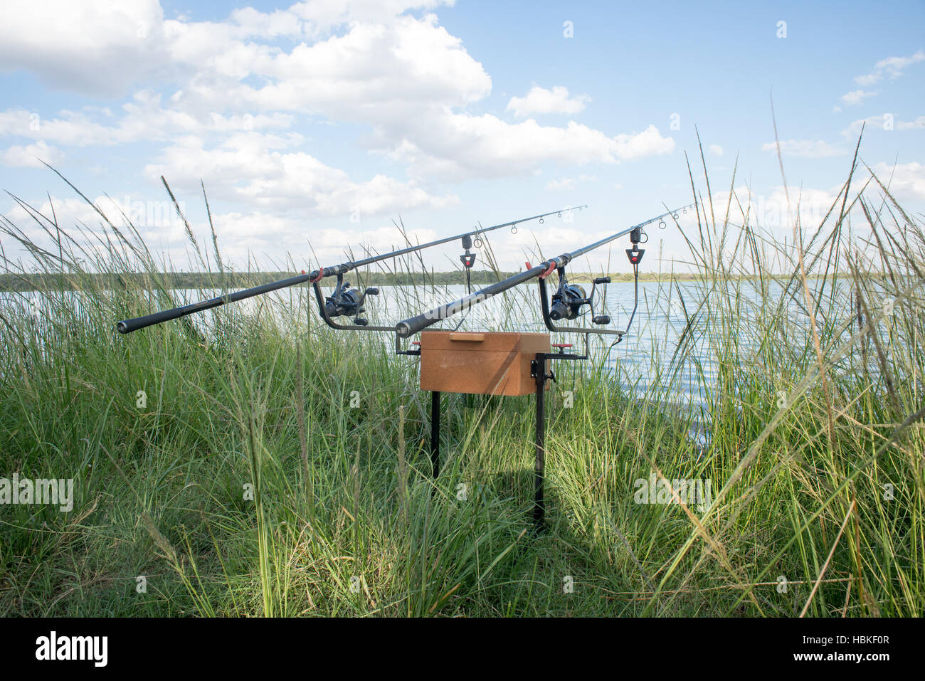 Fishing adventures. Carpfishing rods propped on a rod pod with two bite  alarms Stock Photo - Alamy