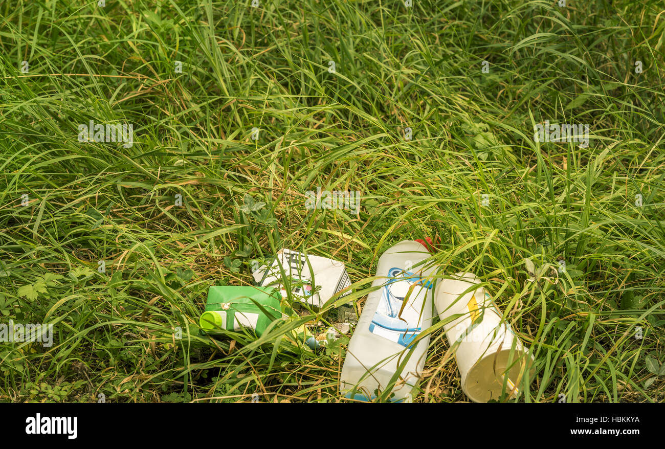 Bunch of household trash lying on grass Stock Photo Alamy